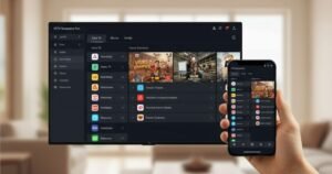 Main IPTV Smarters Pro dashboard displaying Live TV, Movies, Series, and Settings icons