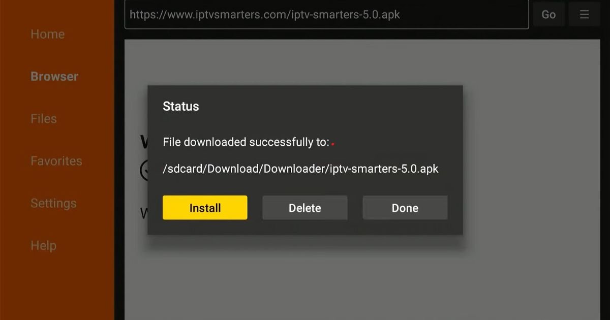 Downloader app file download status with the Install button highlighted on FireStick.