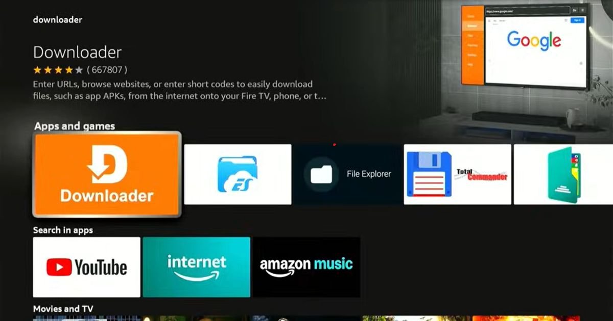 Downloader app highlighted on the FireStick search results page for installation.