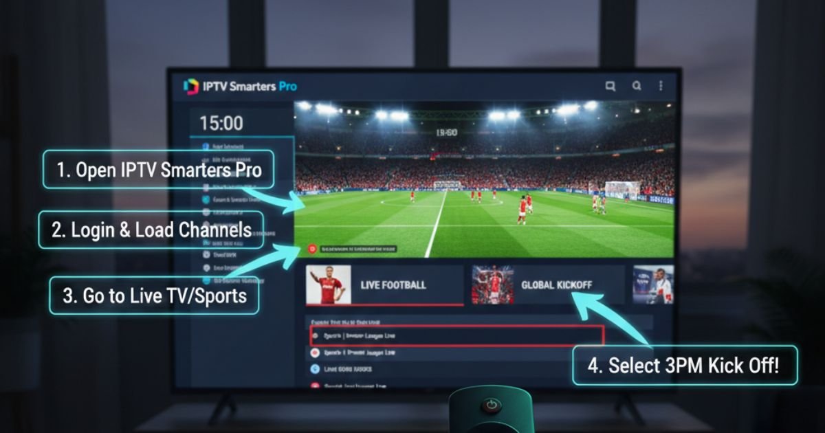 A hand holding an Amazon Firestick remote pointing at a television screen showing the IPTV Smarters Pro interface with a live 3PM Kick Off football match in a stadium.A hand holding an Amazon Firestick remote pointing at a television screen showing the IPTV Smarters Pro interface with a live 3PM Kick Off football match in a stadium.