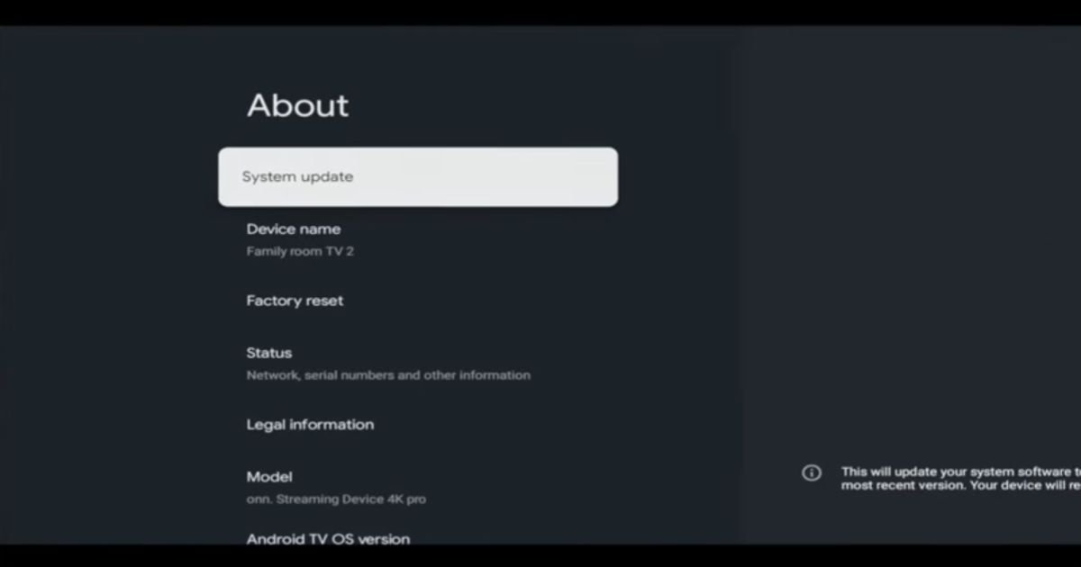 Select System and then About in Google TV settings to begin the IPTV Smarters Pro installation.