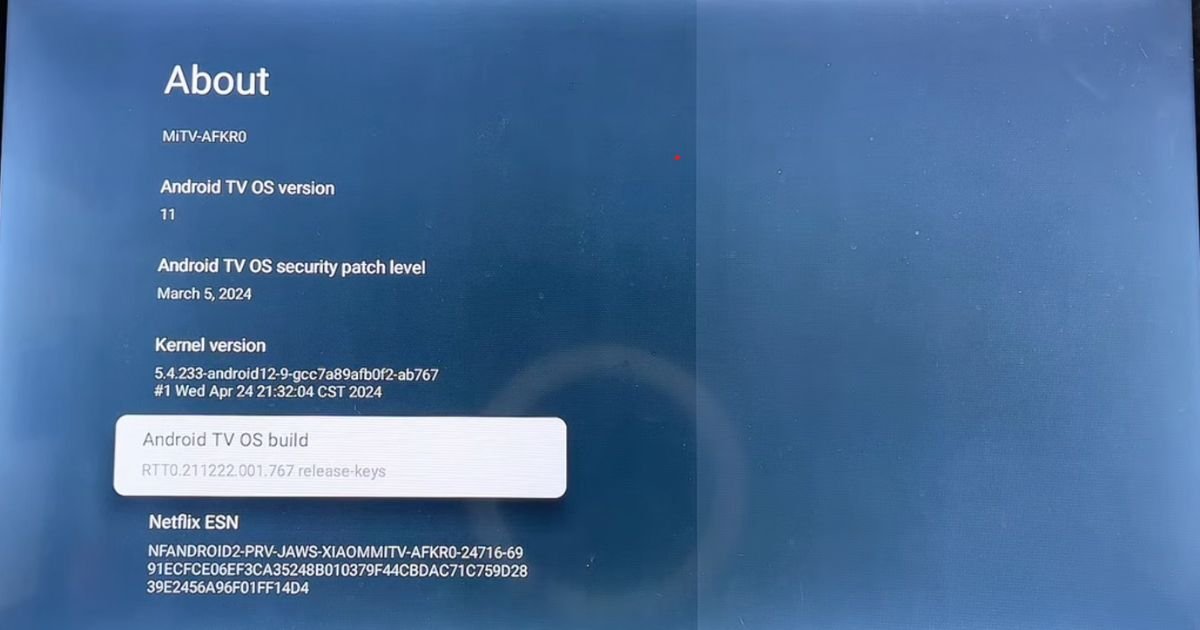 A TCL TV screen showing the Android TV OS Build option, which users must click seven times to enable developer mode for IPTV Smarters Pro.