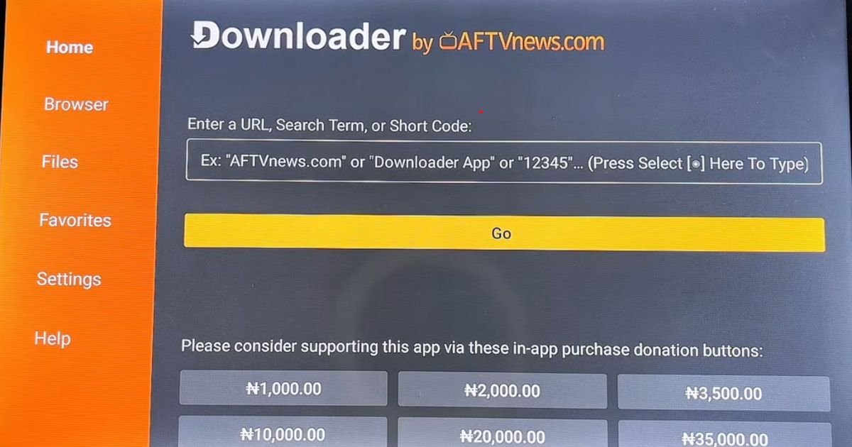 A TCL TV screen showing the Downloader app with the Browser tab selected, ready to enter a URL for downloading IPTV Smarters Pro.