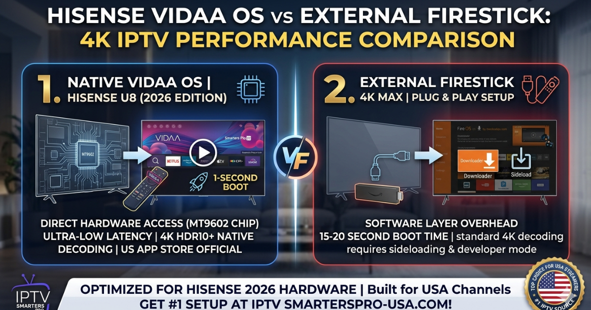 Infographic guide on how to install IPTV Smarters Pro on Hisense VIDAA OS (USA Edition) using native apps and Xtream Codes API.