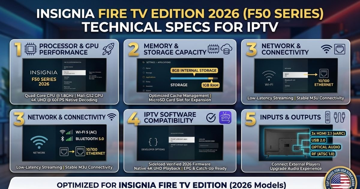 Infographic displaying the technical specifications of the Insignia Fire TV Edition (2026 Models) optimized for 4K IPTV streaming and sideloading IPTV Smarters Pro.