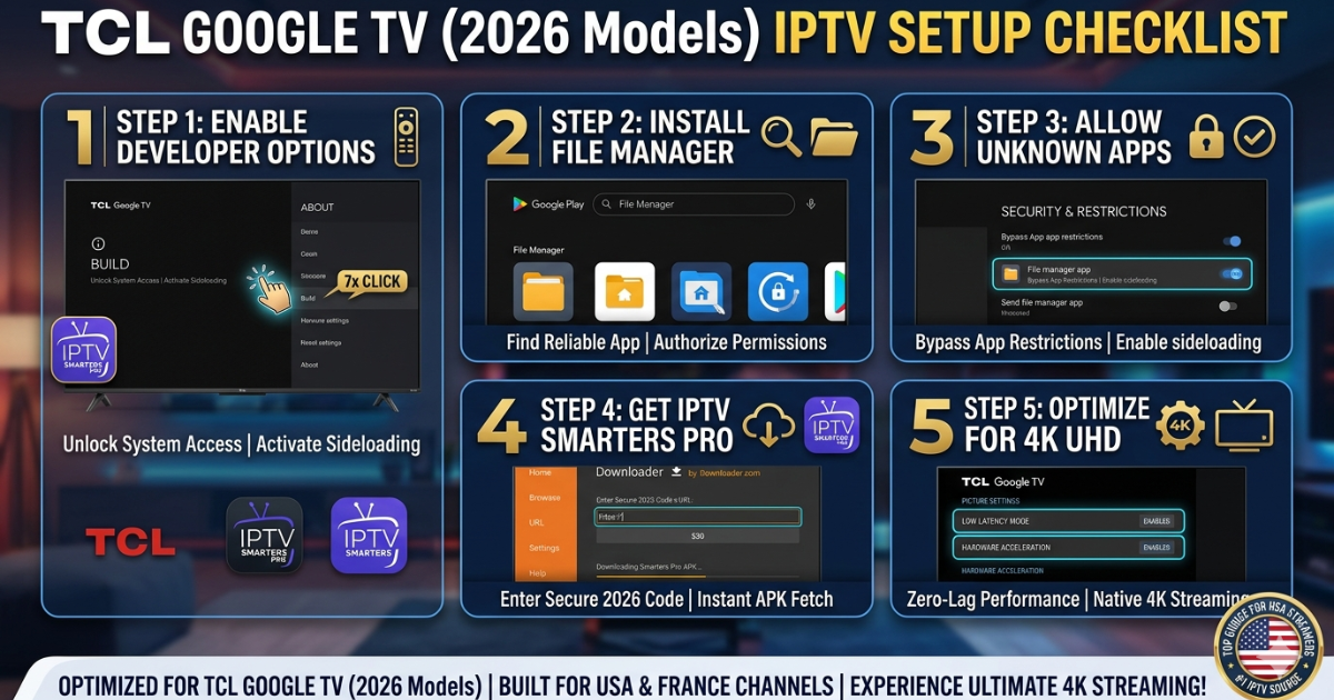A 4K step-by-step checklist infographic displaying the installation process of IPTV Smarters Pro on a TCL Google TV (2026 Model), featuring system optimization tips.