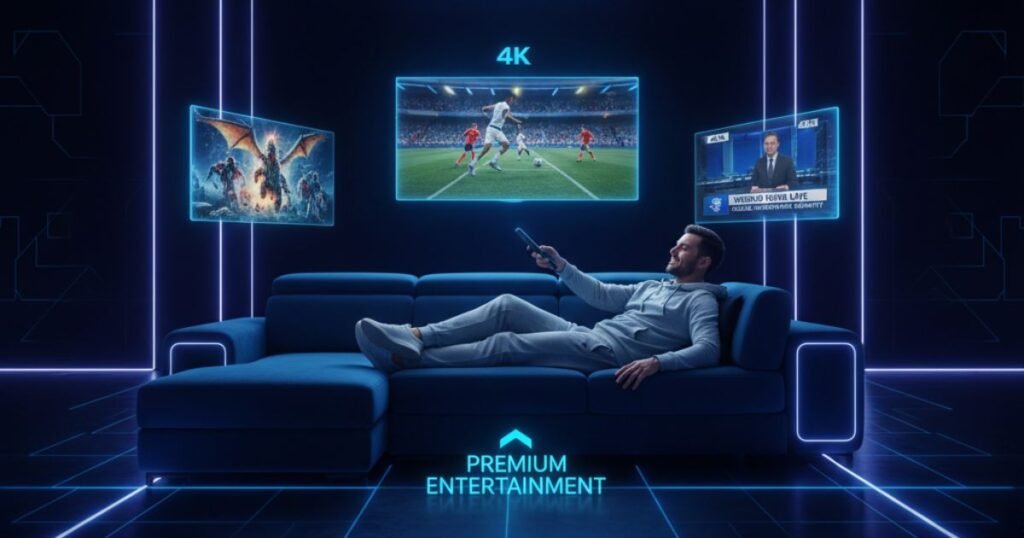 IPTV Premium streaming setup showing 4K entertainment screens