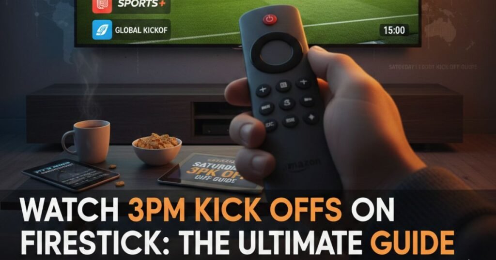 A person holding a Firestick remote in front of a TV displaying a live 3PM Kick Off football match via IPTV Smarters Pro app.