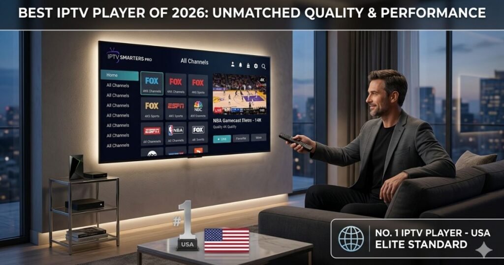 A modern American living room with a tech-expert using a premium universal remote to navigate the IPTV Player app on a large 4K TV displaying a live NBA game.