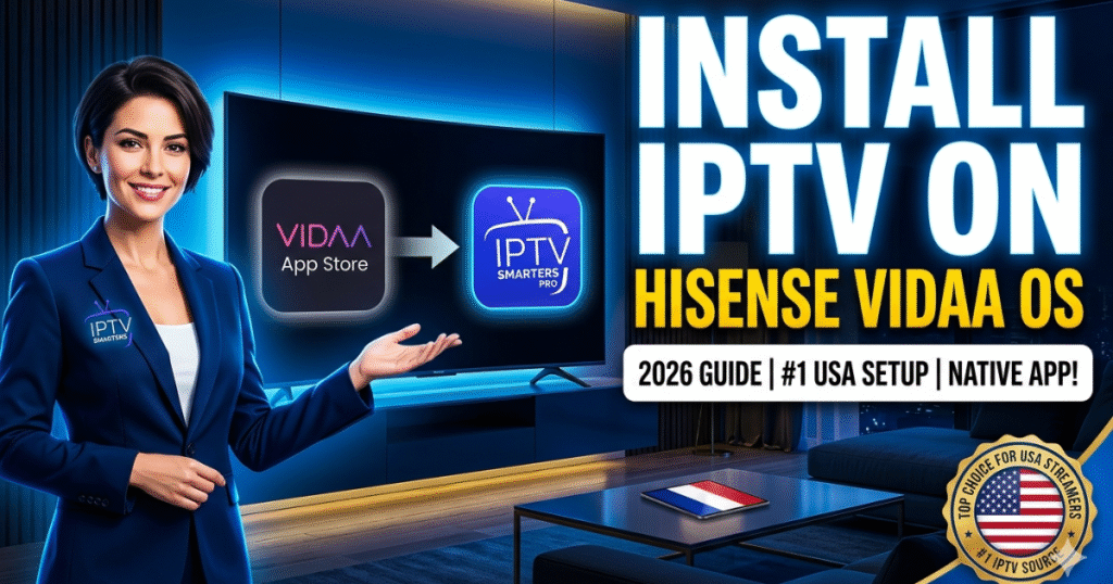 A dramatic 4K thumbnail illustrating the powerful combination of a Hisense VIDAA OS (USA Edition) television and an IPTV app, optimized to watch 4K USA news and sports without a box.