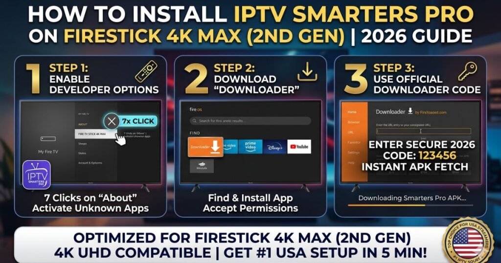 Learn how to install IPTV Smarters Pro on Firestick 4K Max (2nd Gen) using our secure Downloader App Code. Get the #1 USA 4K streaming setup in 5 minutes!
