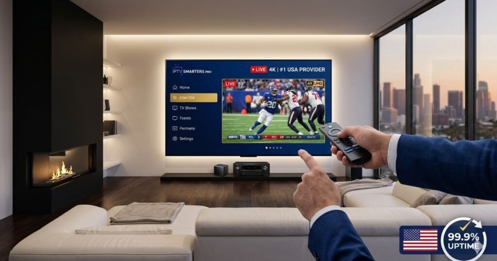 An upscale American living room at dusk, featuring an 85-inch OLED TV displaying a crystal-clear native 4K NFL game via the IPTV Smarters Pro app interface with a '99.9% Uptime' badge.
