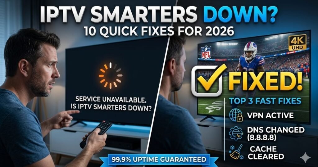 A split-screen showing a man frustrated with a buffering 'Service Unavailable' error on his TV,, IPTV Smarters Down, next to a clear 4K NFL stream with a 'Fixed' checkmark and technical solutions like VPN and DNS change.