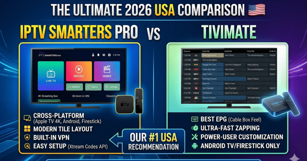 Comparing IPTV Smarters Pro vs. TiviMate for 2026. Find out which player is best for Apple TV 4K, Firestick, and ONN TV. Fix buffering and get the #1 USA setup guide.