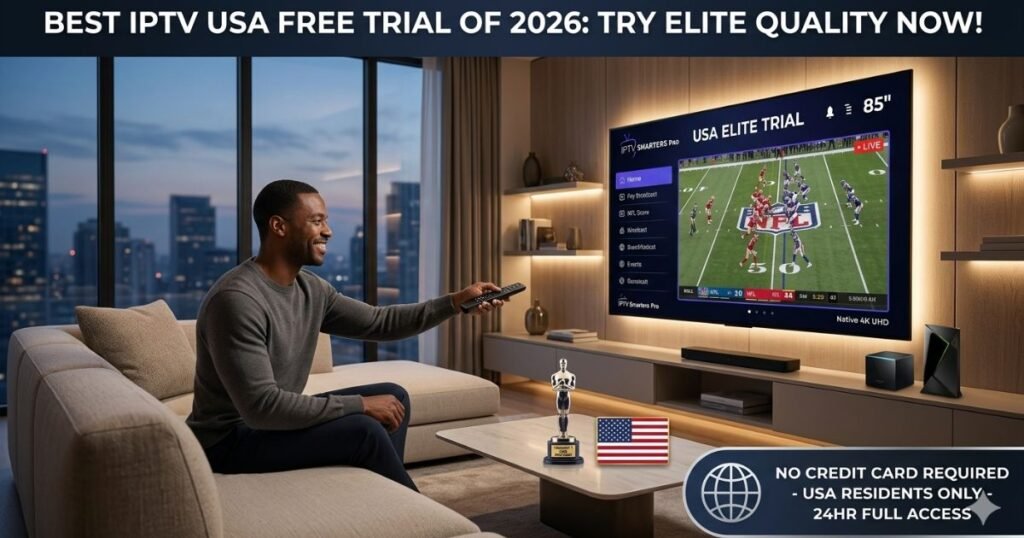 A premium American home theater setup featuring a user enjoying an IPTV USA free trial with 4K NFL football, a 'No Credit Card Required' badge, and the US flag.